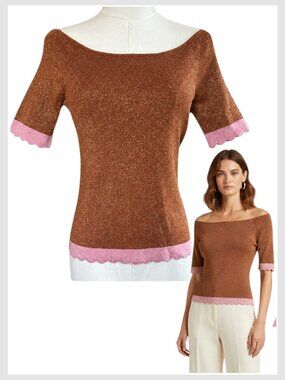 Kate Spade Metallic Knit Sweater Scallop Trim Ribbed M